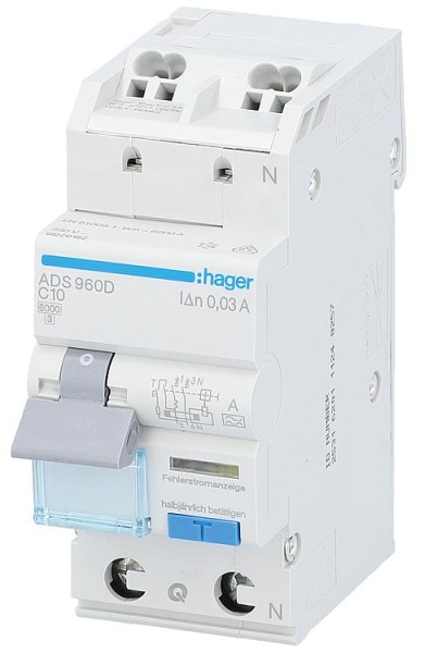 FI/LS-Schutzschalter Hager 1p+N,Typ A,C10A,30mA,6 kA, ADS960D,QuickConnect