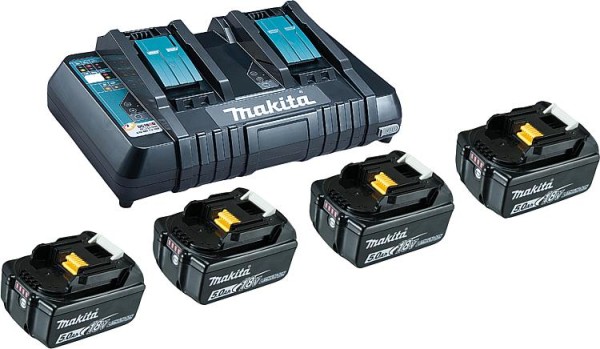 MAKITA Akku-Set 18V 4 x 5,0 Ah Li-Ion Akkus und ein Doppelladegerät 199483-0