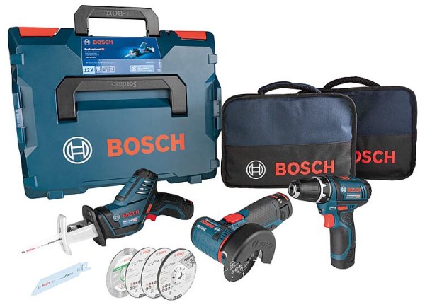 Akku-Set Bosch 12 V bestehend aus Akku-Winkelschleifer, Akku-Säbelsäge und Akku-Bohrschrauber mit 4x