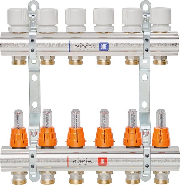 Heizkreisverteiler Evenes Typ M6.9, DN25(1") Messing, 9 Heizkreise,m.Durchflussmesser