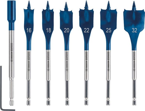 Flachfräsbohrer BOSCH 7-teilig Expert SELFCUT Ø 16/18/20/22/25/32mm, Länge 152 mm mit 1/4" Sechskant