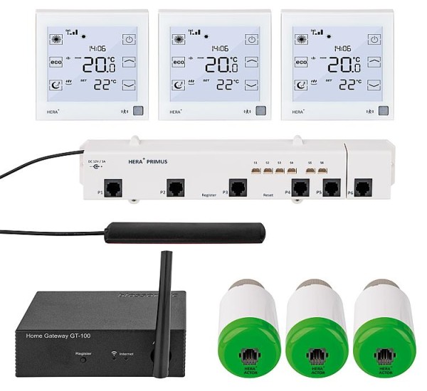 Hera+ Primus PRO Tres-Set, 3x Thermostat, 3x Actor, 1x Primus PRO, 1x Gateway GT-100 HPPS-4070