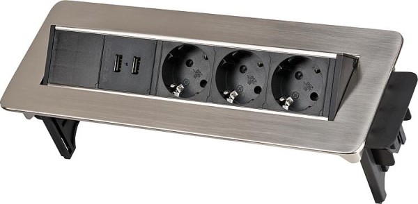 3-fach Tisch-Einbausteckdose mit 2 USB Ladebuchsen Farbe: aluminium