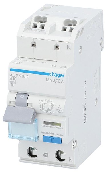 FI/LS-Schutzschalter Hager 1p+N,Typ A,B10A,30mA,6 kA, ADS910D,QuickConnect