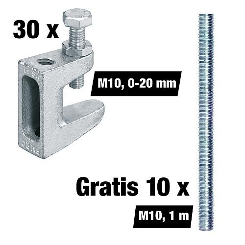 Vorteilspaket Trägerklammer M10, Spannbereich 0-20 mm, 30 Stück + Gratis Gewindestangen M10, 1 m, 10