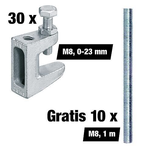 Vorteilspaket Trägerklammern M8, Spannbereich 0-23 mm, 30 Stück + Gratis Gewindestangen M8, 1 m, 10